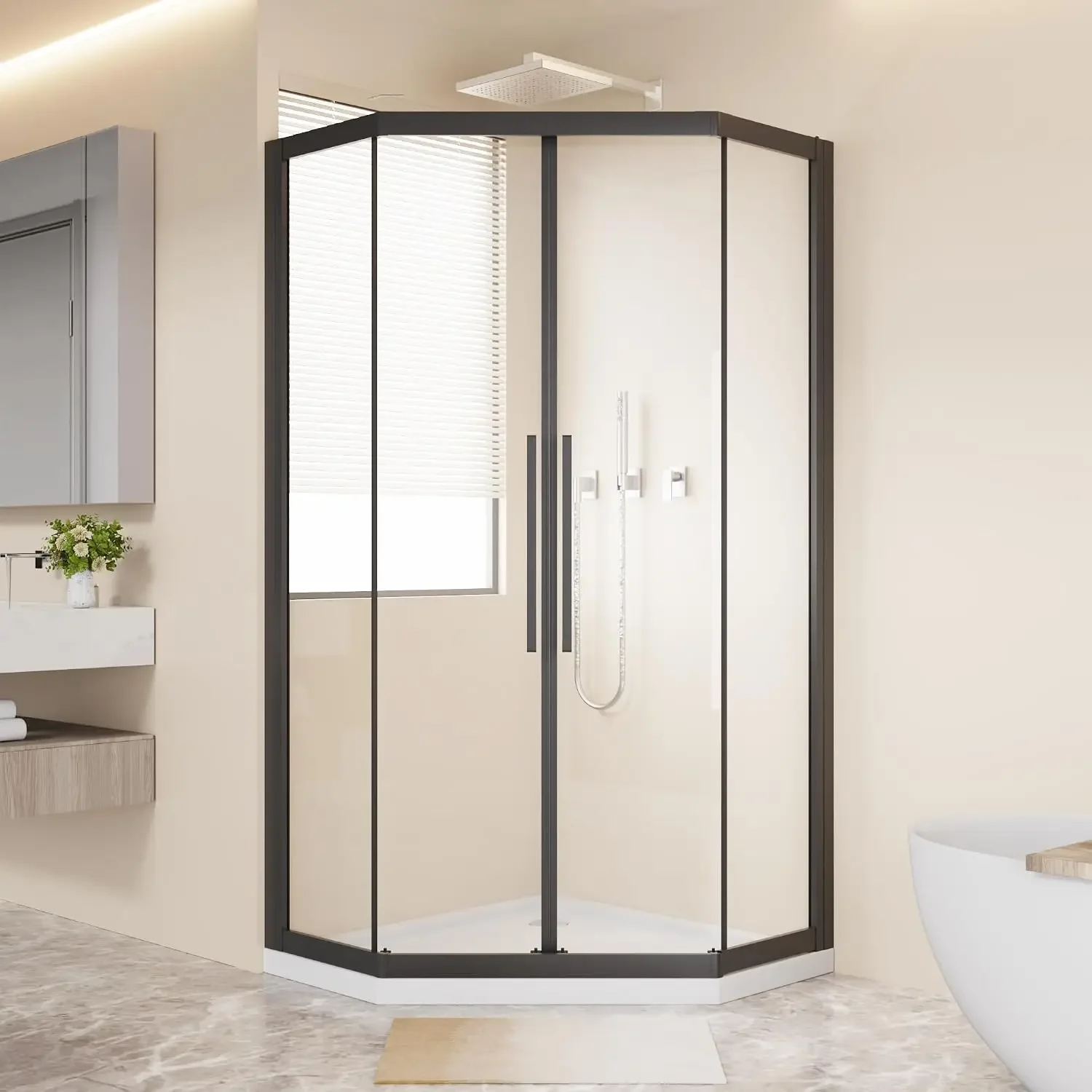 36” x 72” Neo-Angle Sliding Shower Door, Corner Shower Enclosure | 1/4” (6mm) Clear Tempered Glass, Matte Black Frame, Double Ro