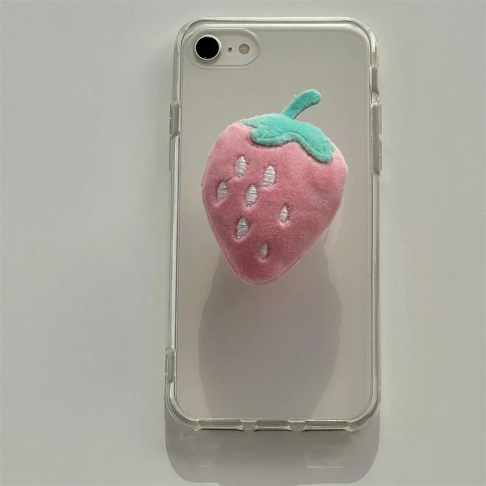 Korean Cute Plush Pink Strawberry Griptok Bracket For iPhone 14 Universal Lovely Fur Flower Phone Holder Ring Support Stand