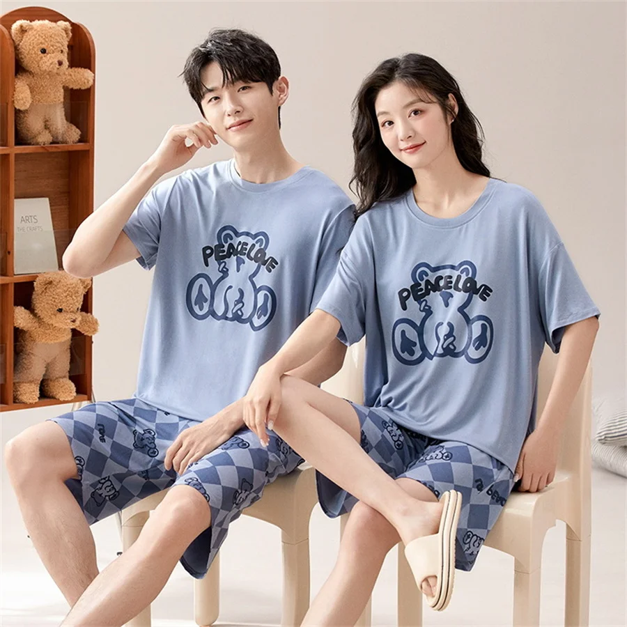 Printed Couple Pajamas Set Short Sleeve T-shirt and Shorts Women Modal Sleepwear with Bra Pad Men Home Clothes 2 Pcs Loungewear