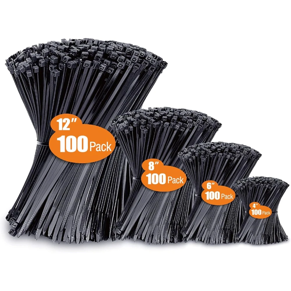 Bridas de Amarre de Diferentes Tamaños (4”+6”+8”+12”), Paquete de 100/400 Bridas Negras Resistentes a los Rayos UV