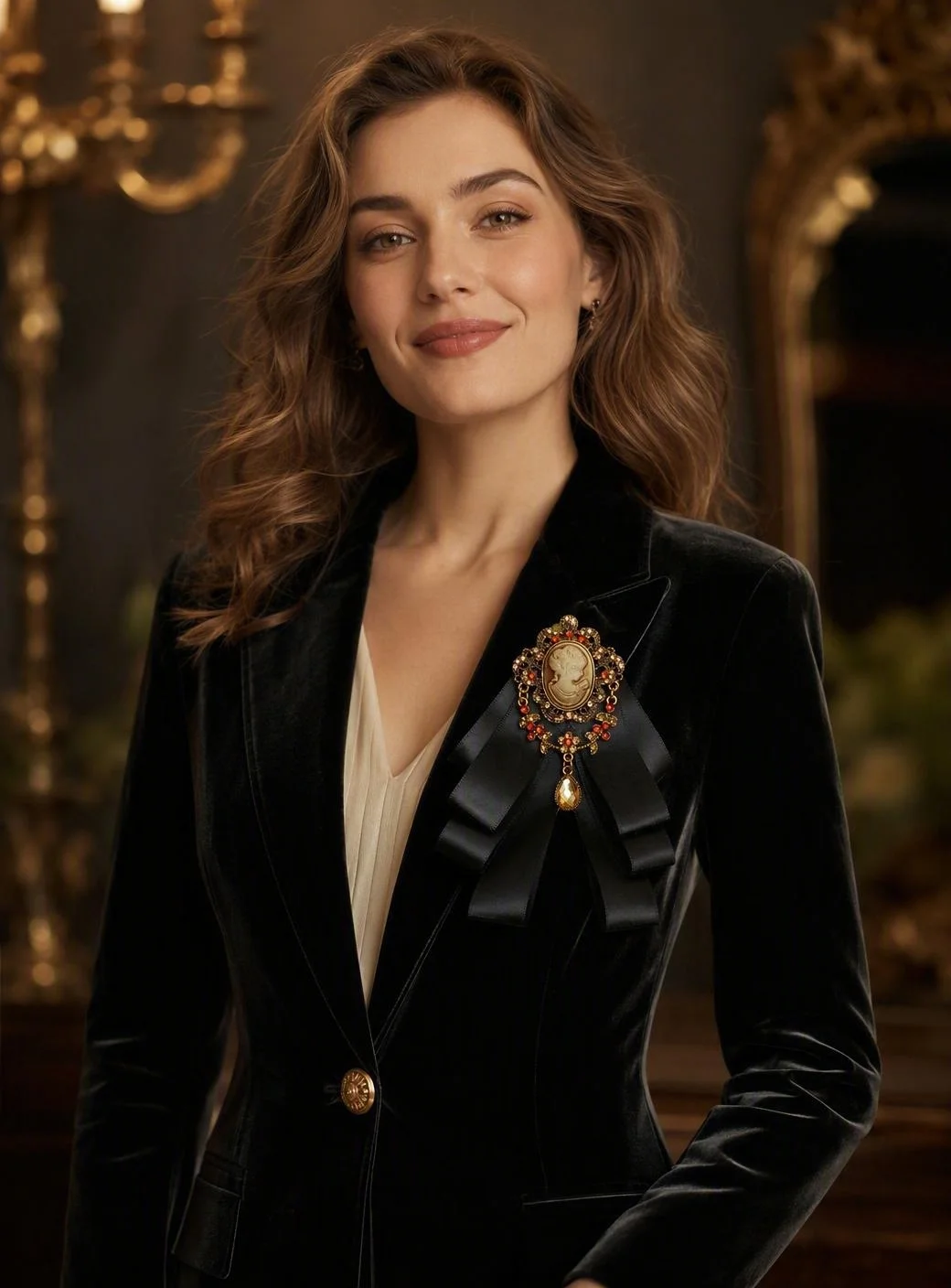 French Court-Style Retro Black Multi-Layered Satin Ribbon Bow Brooch, Embossed Portrait Brooch with Diamonds, Dress Collar Accessory