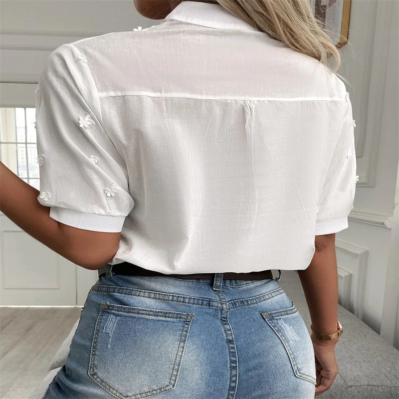 Summer Floral Embroidery Lace Blouse Fashion Women V Neck Casual Shirt Chic Short Sleeve Hollow Out Tops Elegant Blusas