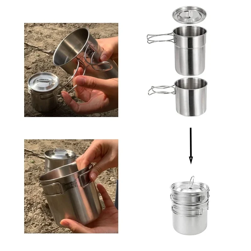 Outdoor Camping Cookware Pot 2pcs Set Foldable Coffee Cup With Vent Lids 304 Stainless Steel Camping Mug