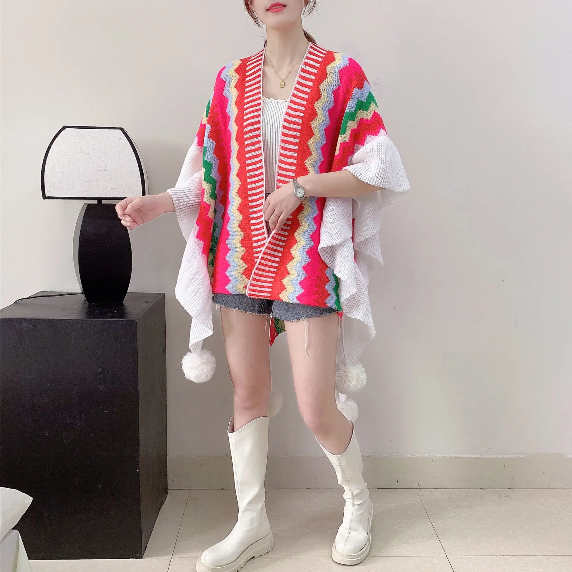 2023 Korean Version Knitted Split Shawl Knitwear Autumn Spring Poncho Capes Women Long Tassel Faux Fur Ball Out Streetwear Cloak