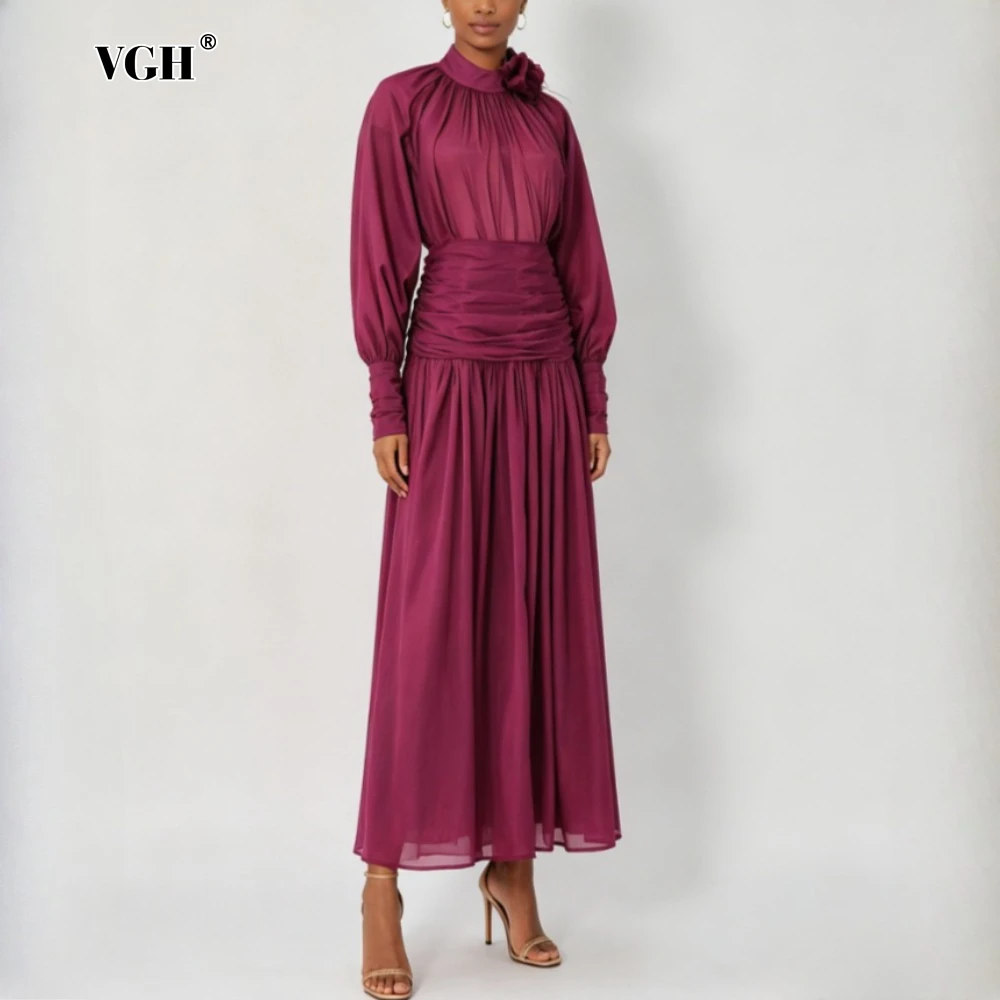 

VGH Purple Spliced Flower Two Piece Set Female O Neck Long Sleeve Top Elegant Intellectual Women's Skirt Sets Fashion New Style