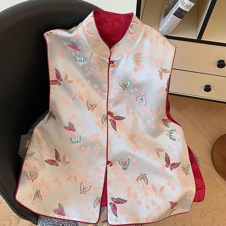 

Новый китайский женский жилет с атласной вышивкой, весенне-осенняя верхняя одежда с цветочным узором, воротник-стойка на пуговицах