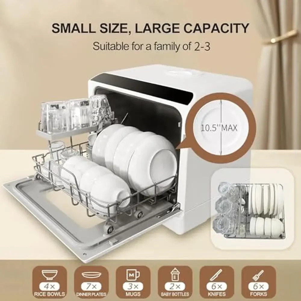 5가지 세척 프로그램을 갖춘 휴대용 조리대 식기세척기 이중 스프레이 터치스크린 스위치 열풍 건조 모드 및 2개의 급수 장치