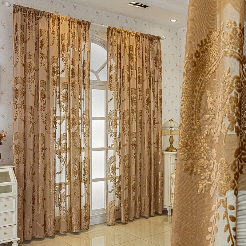 1pc Multi-Color Velvet Cut Embroidered Court Sheer Curtain, European Vintage Pattern, for Living Room Bedroom