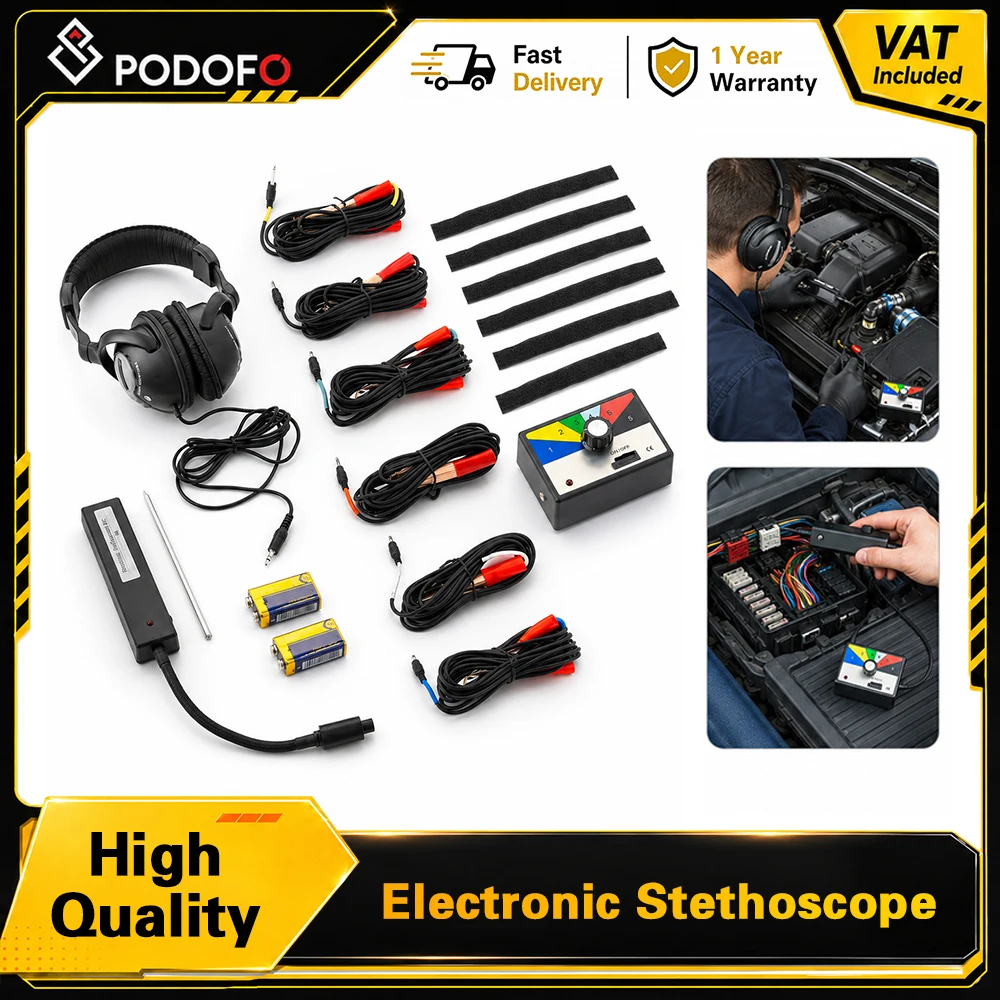 Stéthoscope électronique automobile Podofo, stéthoscope à six canaux, kit d'outils de diagnostic de bruit pour mécaniciens automobiles, pour la détection précise des bruits anormaux du moteur, du châssis et de la transmission, équipement professionnel pour l'atelier et l'entretien automobile DIY.