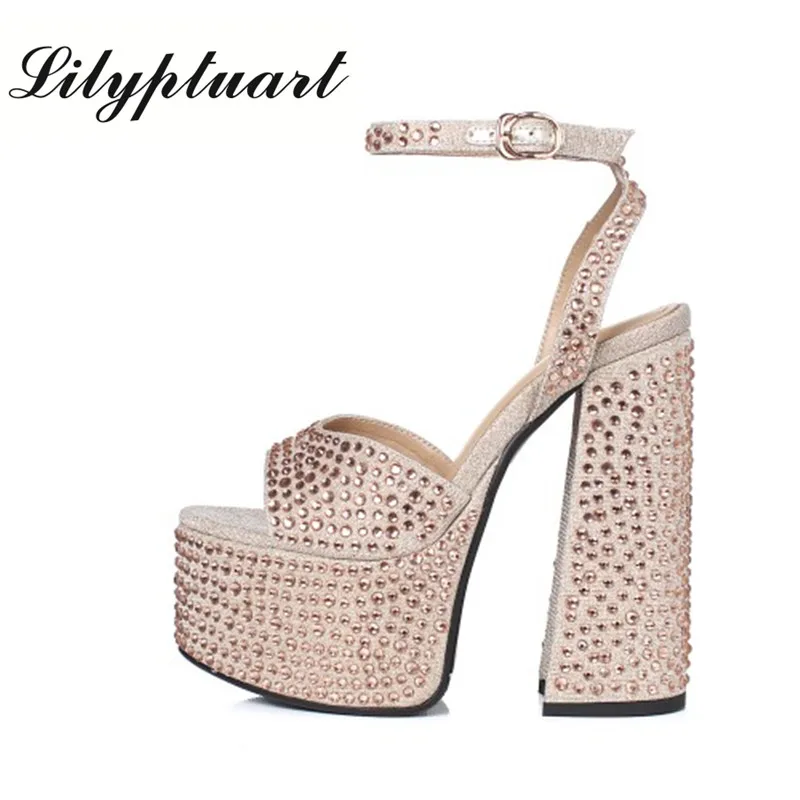 

Women's Summer Fashion Full Diamond Thick High-heeled Thick Sole Flat Buckle Sandals Champagne Crystal Wedding Party Shoes