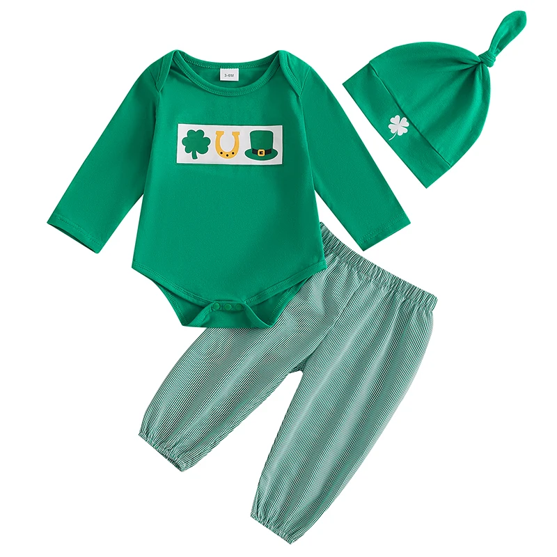 Baby Boy Irish Day Outfit Clover Print Long Sleeve Rompers and Elastic Pants Hat Set 3 Piece Clothes