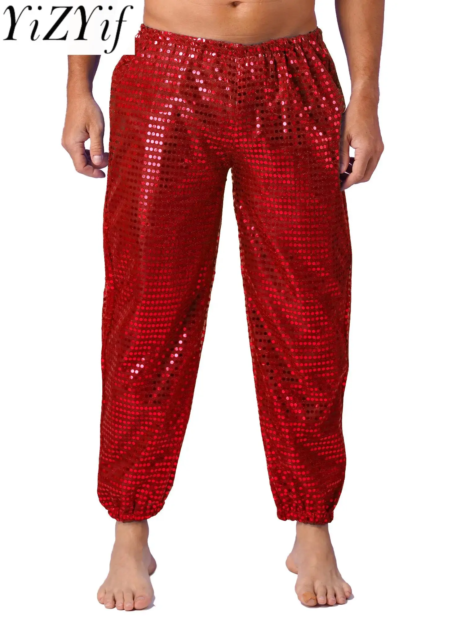 

Mens Sequin Jazz Dance Pants Metallic Hologram Shiny Stage Show Dance Pants Nightclub DJ Hip Hop Jazz Dance Performance Costumes