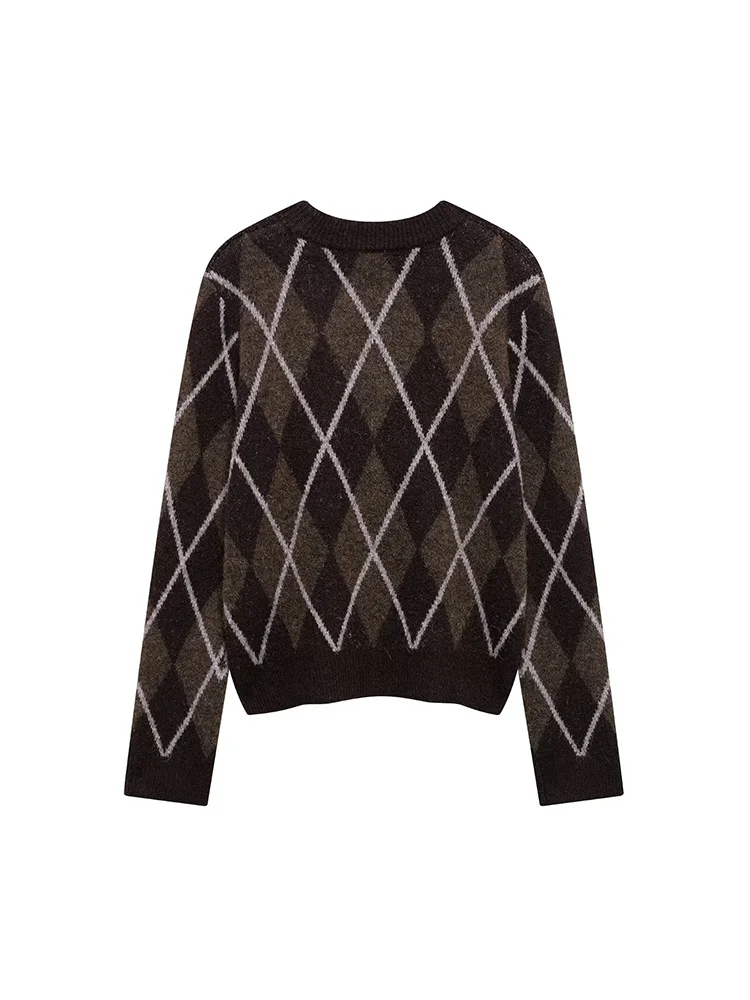 2024 Autumn And Winter New Women Fashion Crew-Neck Pullover Long-Sleeved Diamond Check Knitted Top