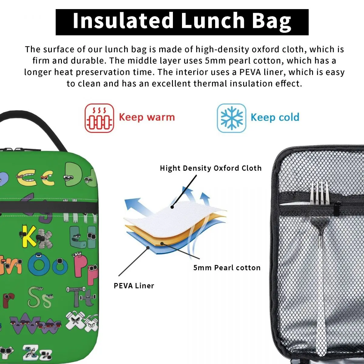 Sac à lunch isotherme portable pour garçons, lettre Méchant Abc, alphabet maléfique assressenti, sac isotherme, boîte à lunch, fourre-tout, sacs de rangement des aliments