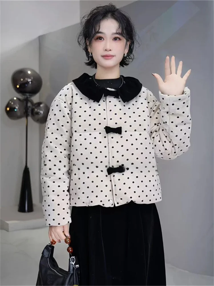 

Unique Polka Dot Bow Tie Short Cotton Jacket Women's Winter Fashion Unique Super Beautiful Korean Style Loose Fit Coat