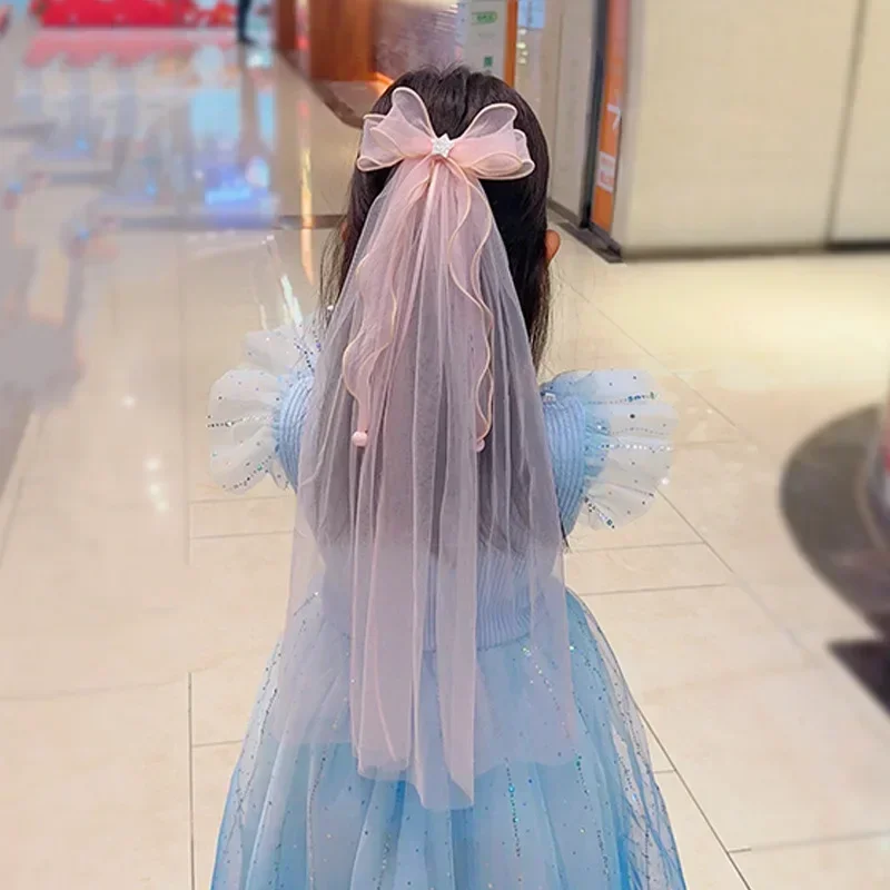 Épingle à cheveux princesse Elsa congelée pour enfants, épingle à cheveux ruban en maille, nœud fille, épingle à cheveux Piaosha, pompon Kawaii,