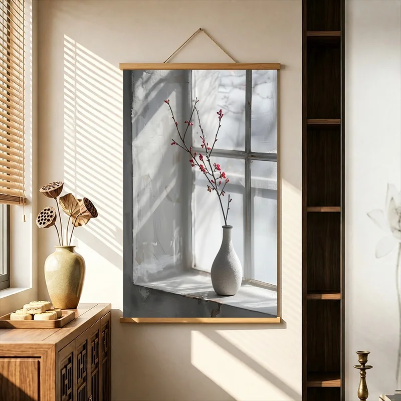 Wall Decorations White Vases beside Snowy Windows, Soft Neutral Tone Pearlescent Canvas Hanging Scroll for Spa Treatment Room