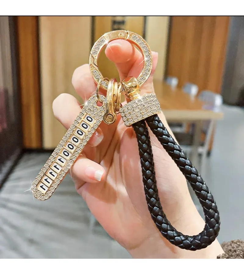 High quality jewelry Crystal Number Keychain Anti-lost Car Keychain Phone Number Card Keyring Leather Bradied Rope Accessories