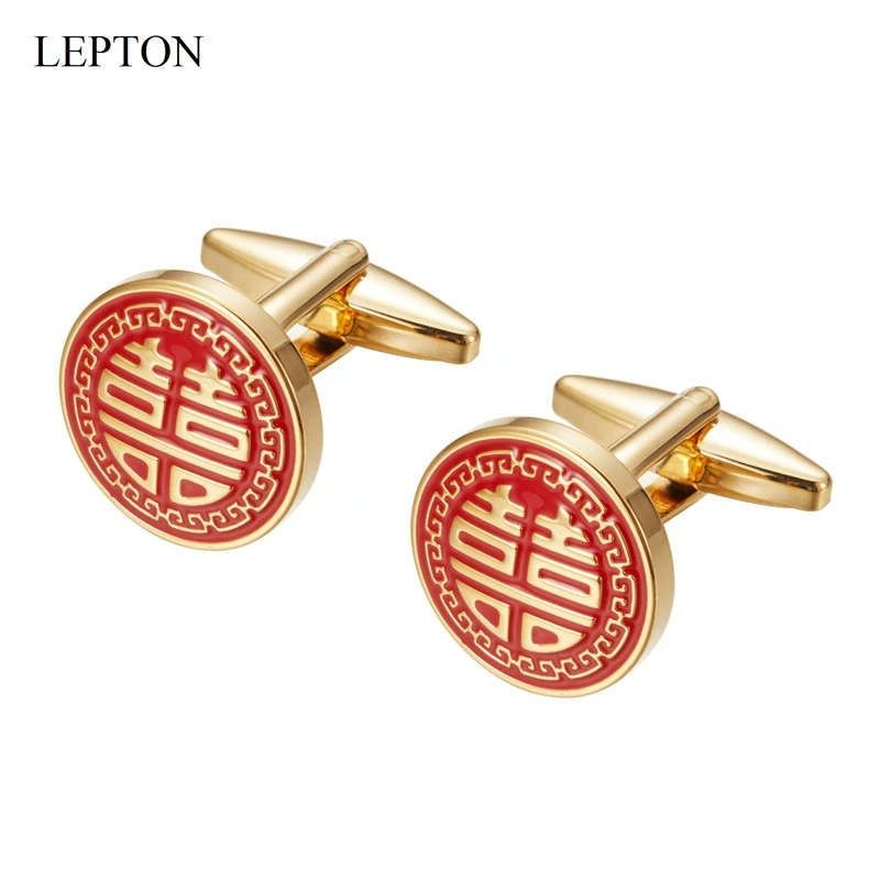 Offre spéciale boutons de manchette de mariage en or pour hommes Lepton haute qualité Style chinois heureux costume rond broche Badge bouton de manchette Relojes