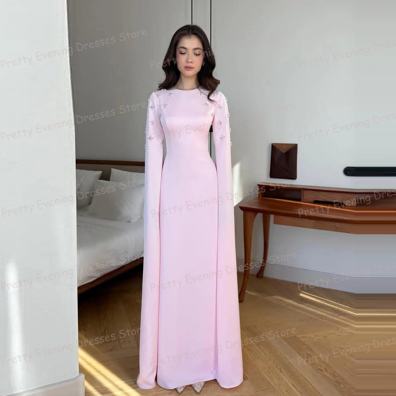 Proste Różowe Sukienki Wieczorowe Damskie Seksowne Syreny Długi Rękaw Suknie Balowe Z Cekinami Plisowane Satynowe Sukienki na Imprezę Vestidos De Noche Szyte na Miarę