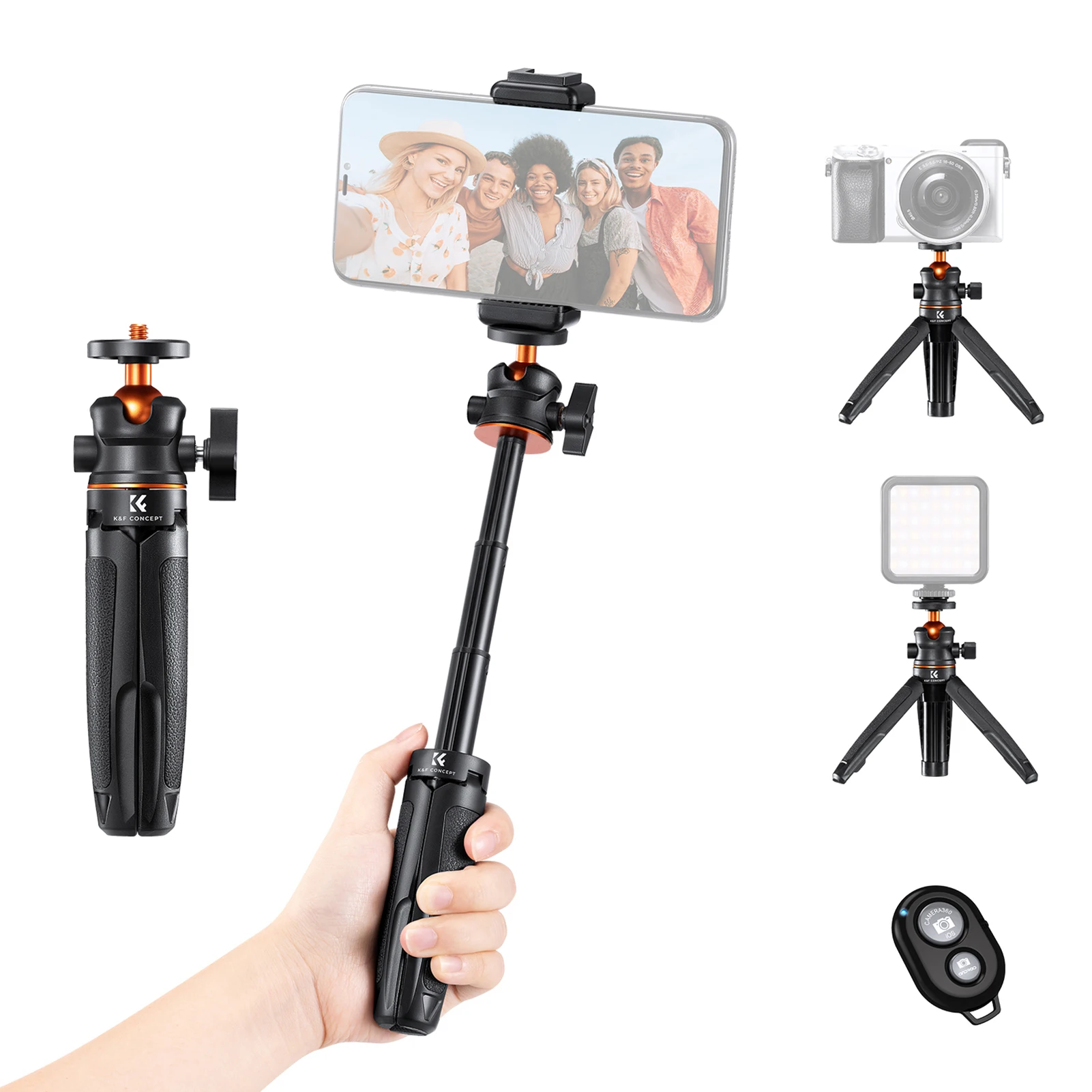 Portable Extendable Selfie Stick Tripod Aluminum Alloy 1/4 In Screw 2kg Load Capacity w/ Phone Holder Remote Shutter for iPhone