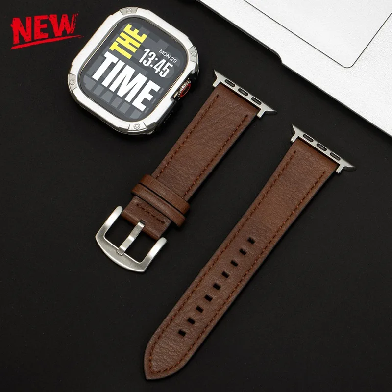 Armband + Hülle für Apple Watch Series 11 10 9 8 7 SE Lederarmband + Stoßfeste Hülle für IWatch Ultra 3 49mm 40 41 44 45 46mm Band