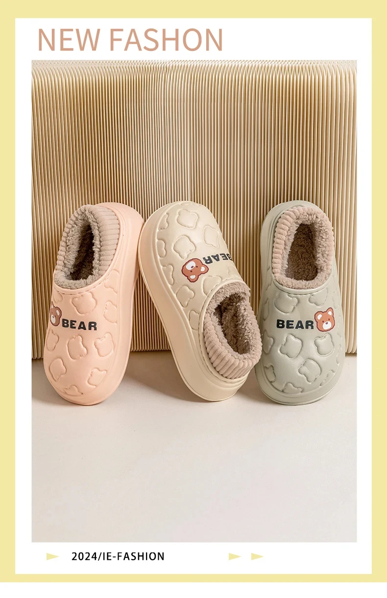 TZLDN Damen Herren Haus Wasserdichte Mode Bär Hausschuhe Slip on Schnee Winter Warme, vollständig mit Pelz gefütterte Hausschuhe Indoor Outdoor Schuhe – Detail 1