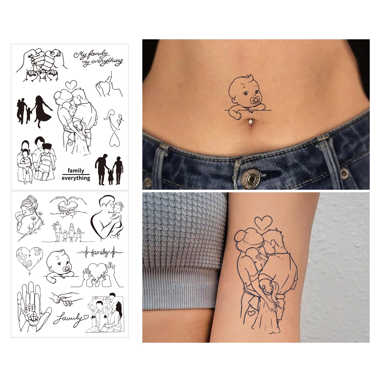 4pcs New Family Three Love Baby Pattern Stickers with Simple Fashionable Cartoon Tattoo Semi Permanent Tattoo Stickers