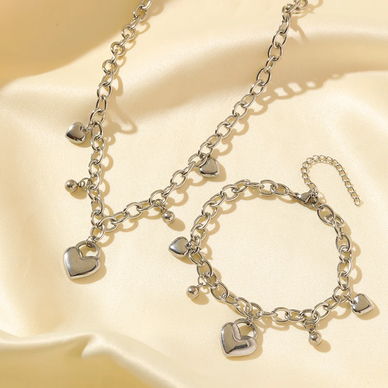 EILIECK 316L Edelstahl Metall-Herzperlen Anhänger Halskette Armband Set für Damen Modisches Statement Wasserdichtes Schmuckgeschenk – Detail 14