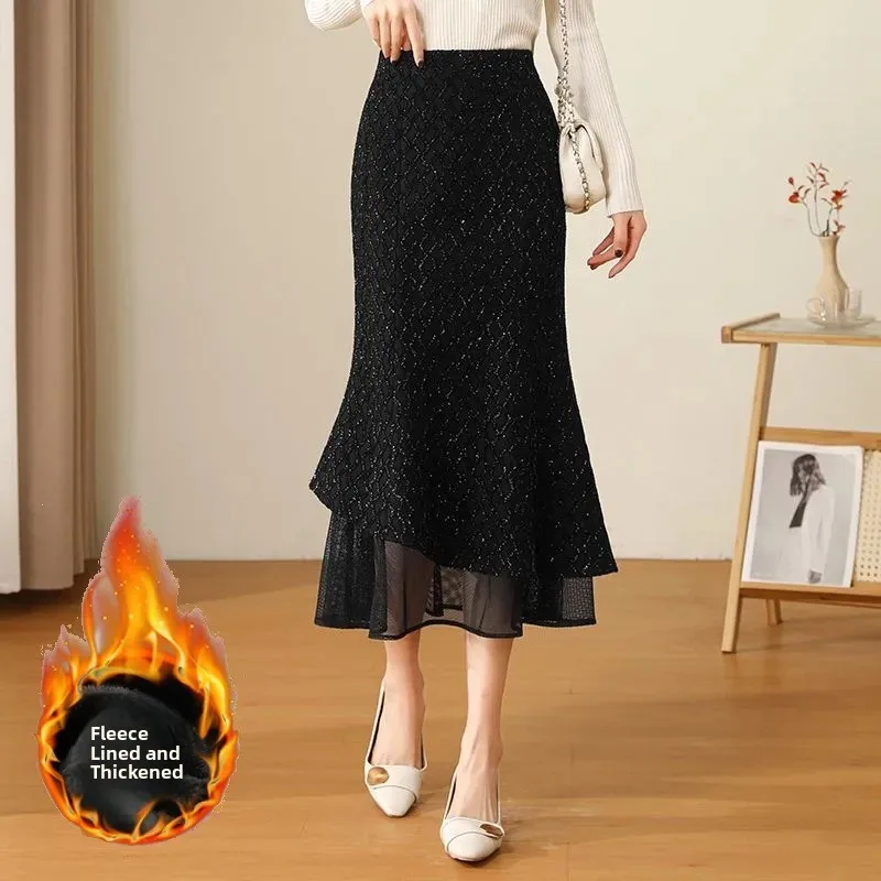 Black Fish Tail Skirt Shiny Thread Thick Winter New Style Women's High Waist Commute Scene Ladies' Half Body Skirt