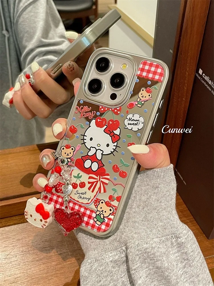 Luxury Cute Lattice Tomato jar Hello Kitty Make Up Mirror Cartoon Y2k Pink Heart Love Case For iPhone 15 14 12 13 16ProMax Cover