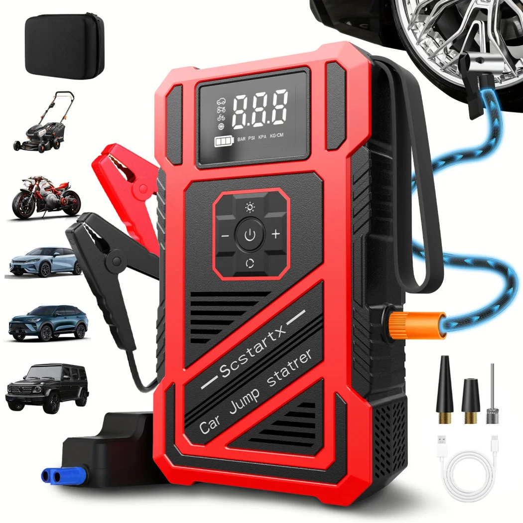 Arrancador de Coches 4 en 1 de 150 PSI, Compresor de Aire Portátil, Bomba Inteligente con Pantalla Digital, Arrancador de Batería, Inflador de Neumáticos de Emergencia, Herramienta Automotriz