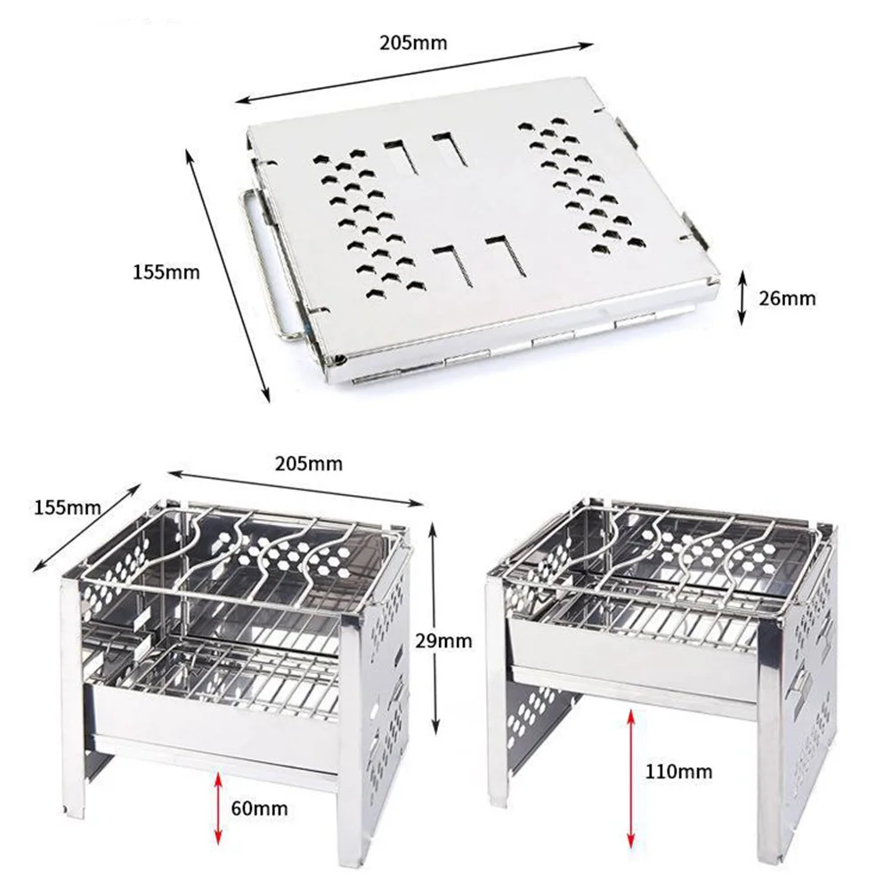 

Portable Stainless Steel Collapsible Bbq Grill Square Wood Burning Stove for Outdoor Camping Cookware Picnic Silver Durable
