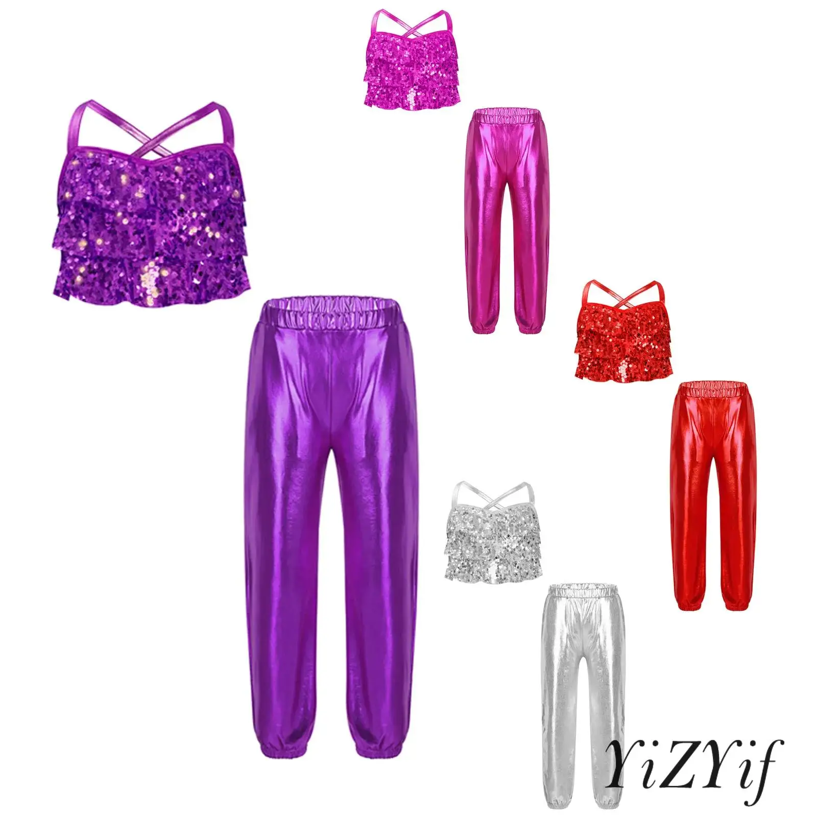 

Shiny Sequins Cross Back Top Tiered Ruffles with Elastic Waist Metallic Pants Birthday Party Dancewear Jazz Dance Set for Girls