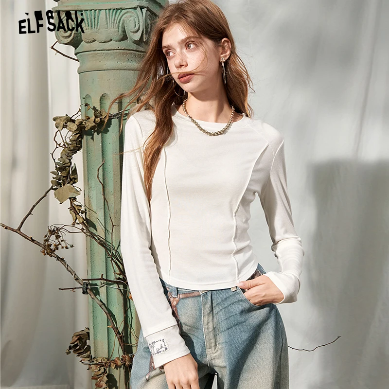 ELFSACK Women's Solid Crew Neck Tee with Long Sleeve, Casual Slim Fit Top for Everyday Cozy Wear