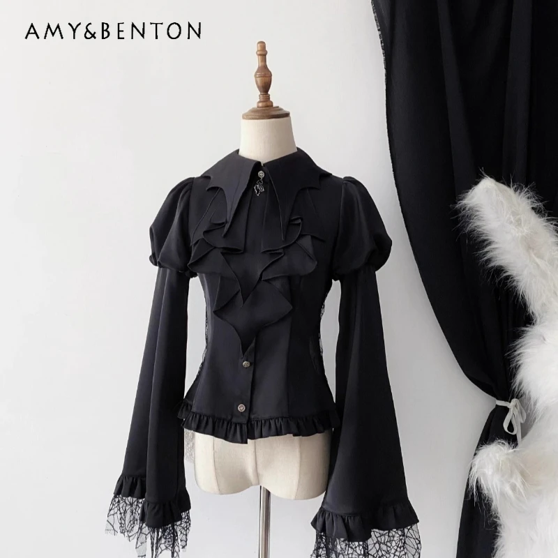 

Punk Black Lolita Long Sleeve Women's Bottoming Shirt Halloween Gothic Dark Autumn New Batwing Collar Subculture Shirts Ladies