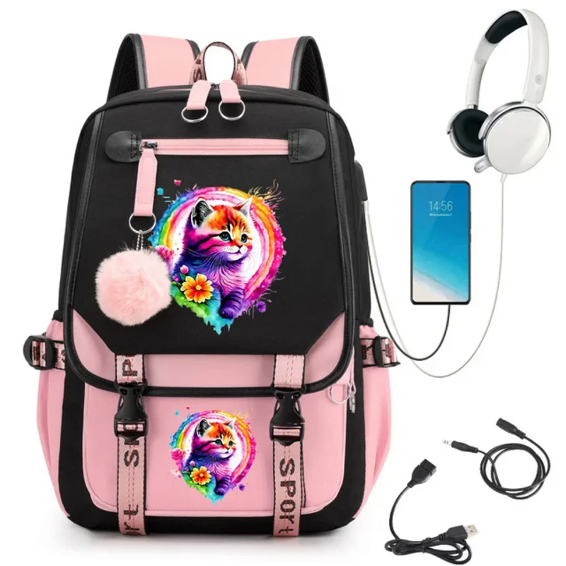 Bonito Floral Gato Imprimir Mochila para Meninas, Kawaii Mochilas Escolares, Bookbag Aquarela, Carregamento USB Mochila para Estudantes