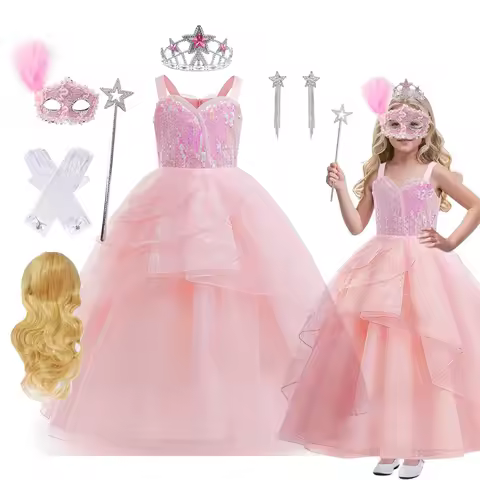 Girls Glinda Cosplay Pink Witch Dress for Girls Wicked Costume Kids Birthday Party Gown Halloween Performance Evening Dress