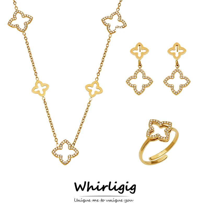 Zirkon Blume Tropfen Ohrringe Ring Halskette für Frauen Vergoldete Edelstahl Kette Halsketten Vierblättriges Kleeblatt Ohrring Ringe