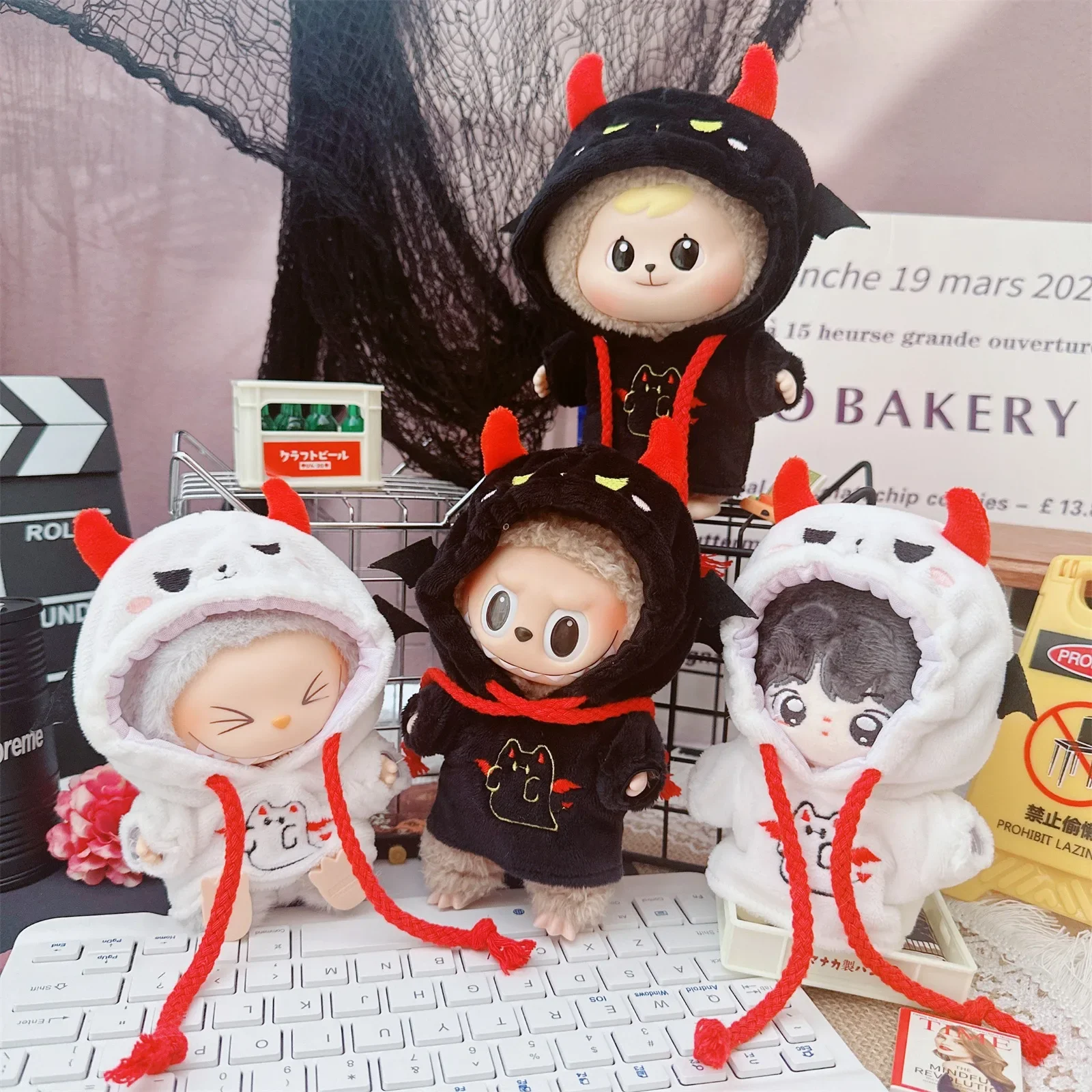 

15-17 см кукла Лабу, мультяшная летучая мышь, маленький дьявол, плюшевое платье на Рождество, Хэллоуин, аксессуары, толстовка с капюшоном, костюм идола (только одежда)