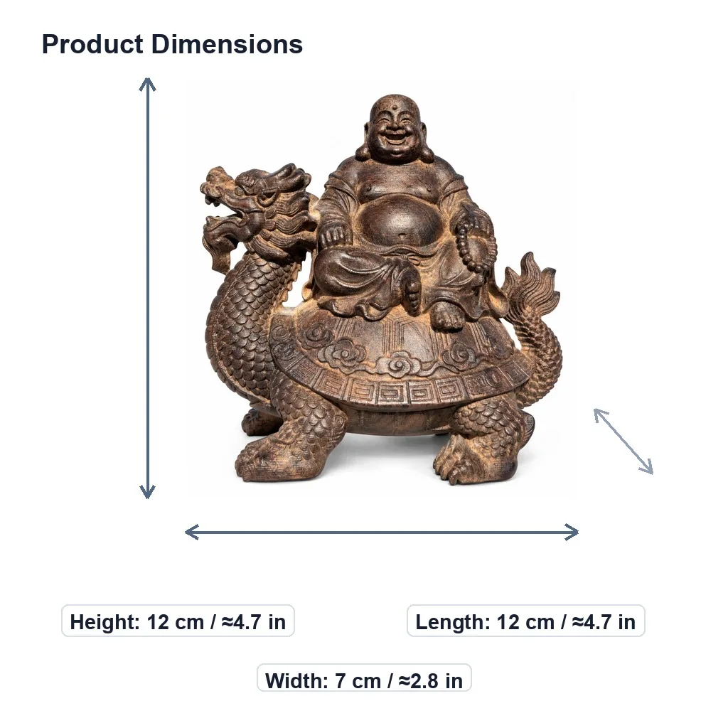Hand-Carved Wooden Laughing Buddha Sitting on Dragon Turtle Figurine for Chinese Feng Shui Home Office Desk Decor Gift