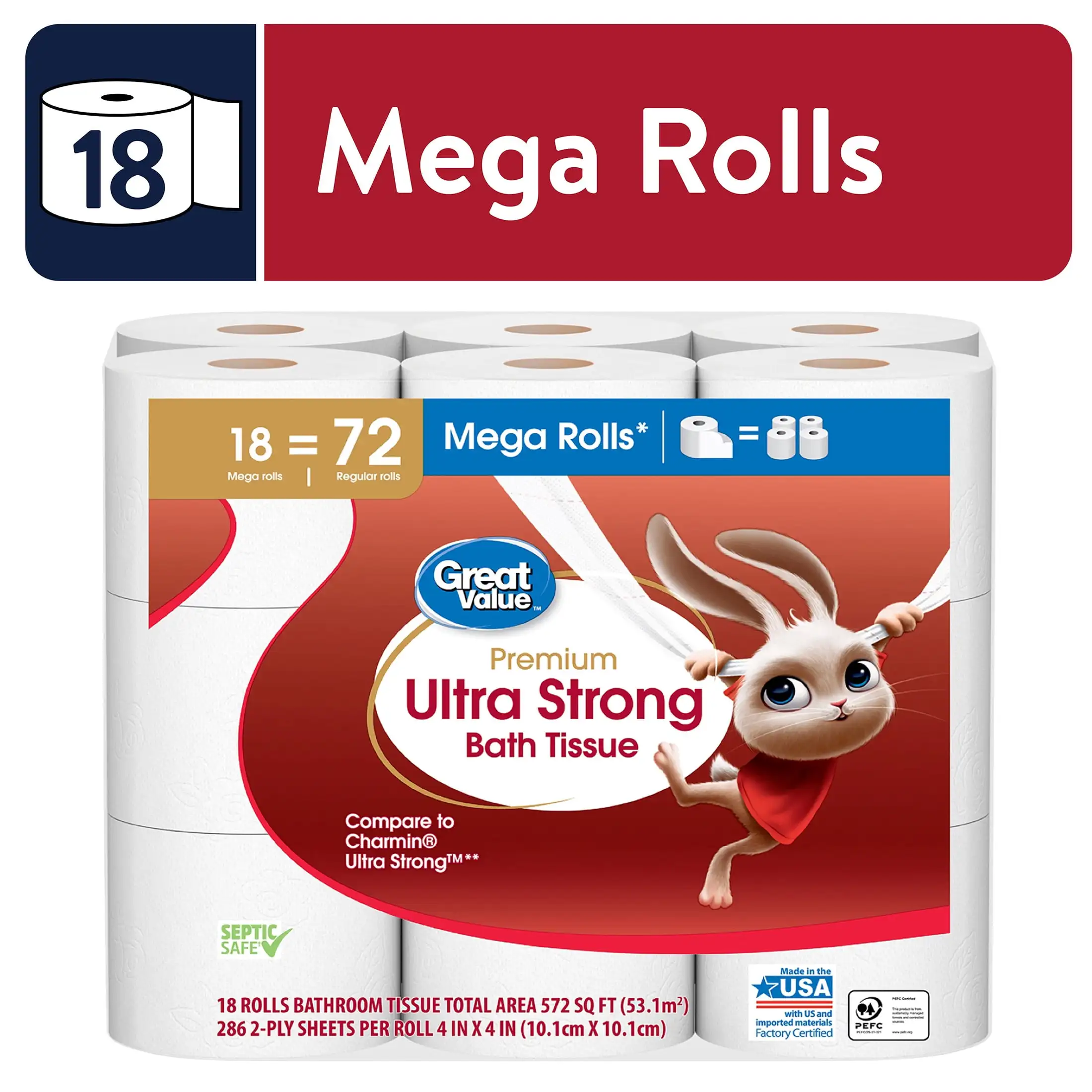 

Ultra Strong Toilet Paper, 18 Mega Rolls Super strong and absorbent, making them the perfect solution for your home