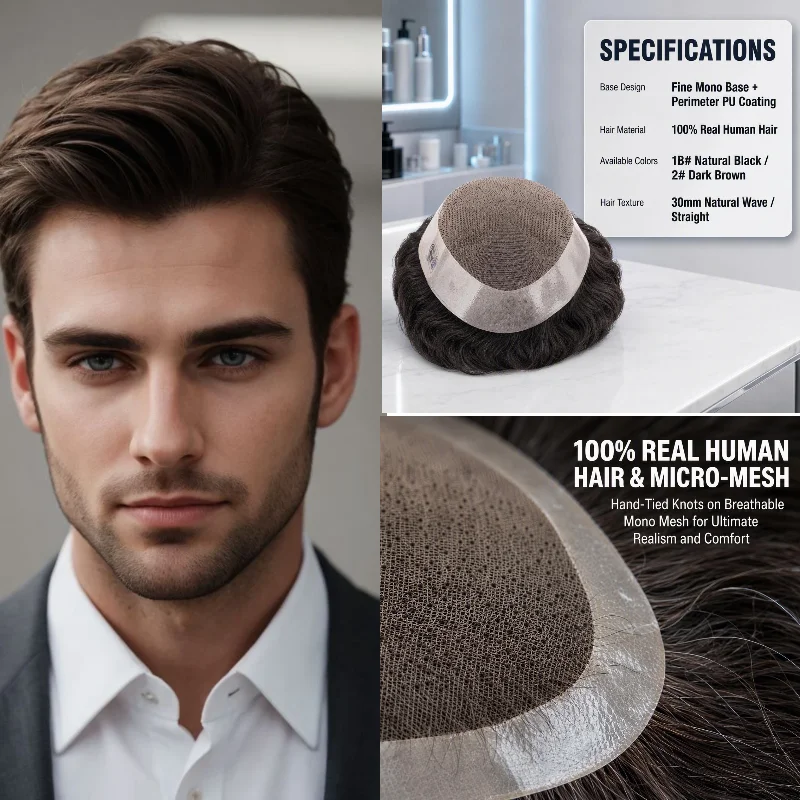 Human Remy Hair Mono Man Hair Wig Toupee 7x9 6inch D7-3 Mono+NPU Base In Stock Wholesale Color 1B