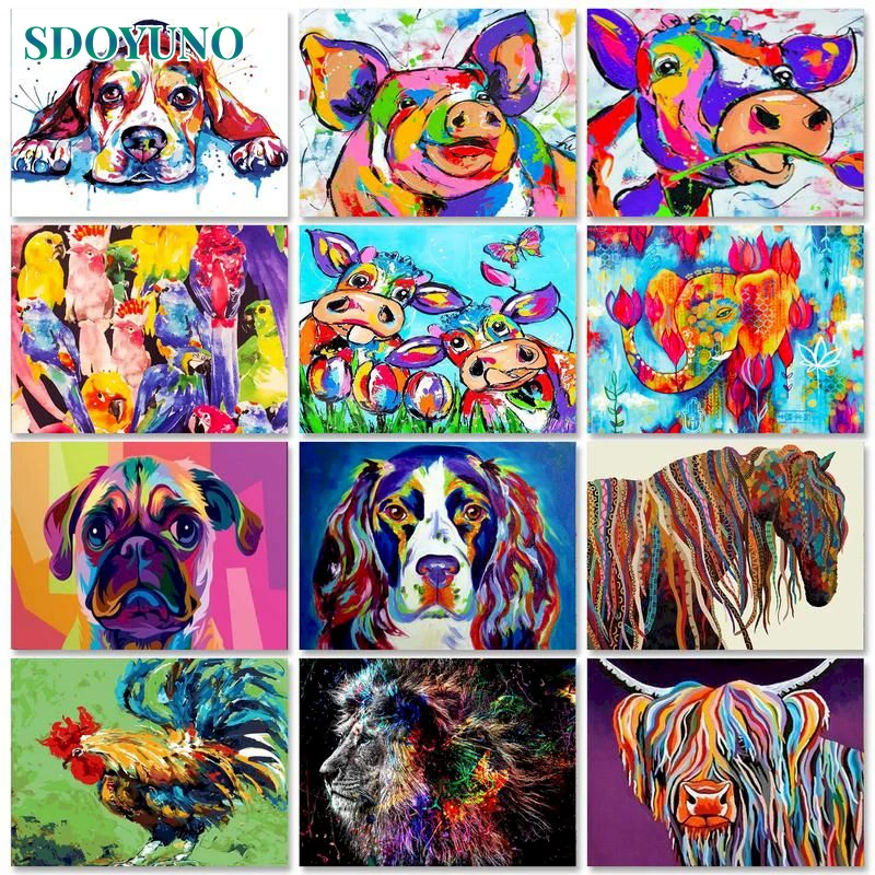 

SDOYUNO Interior Painting by numbers Handmade Canvas painting Colourful Animals DIY Drawing by numbers Adults crafts Home decor