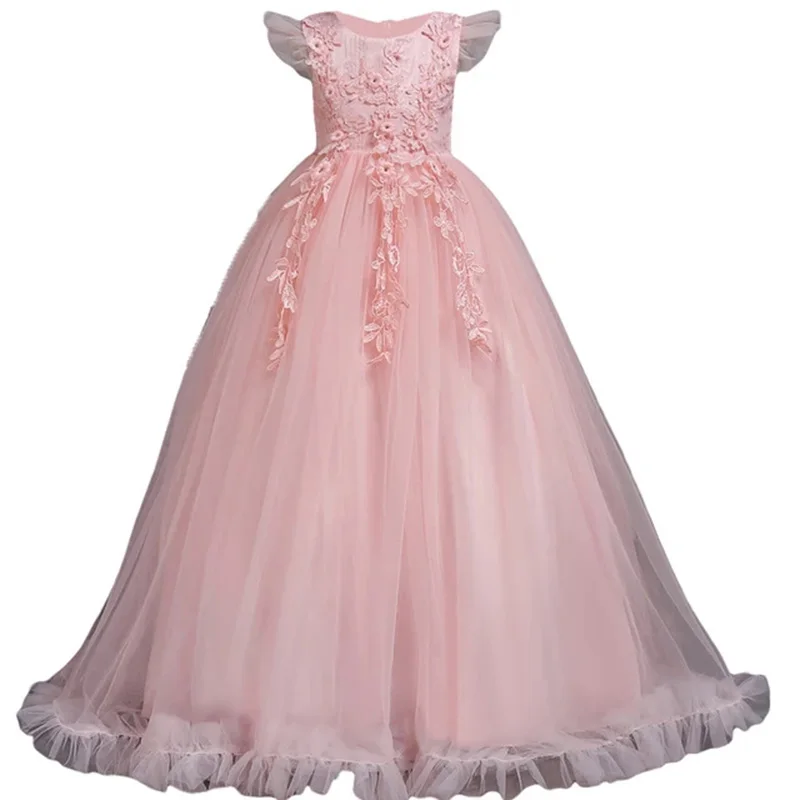 4-15Yrs Lace Teenagers Kids Girls Wedding Long Dress Elegant Princess Party Pageant Christmas Formal Sleeveless Baby Girls Dress