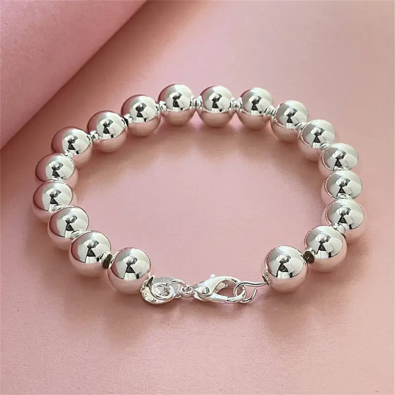 

925 Sterling Silver 10mm Hollow Circle Ball Beads Silver Beaded 20cm Bracelet Woman Charm Fashion Jewelry