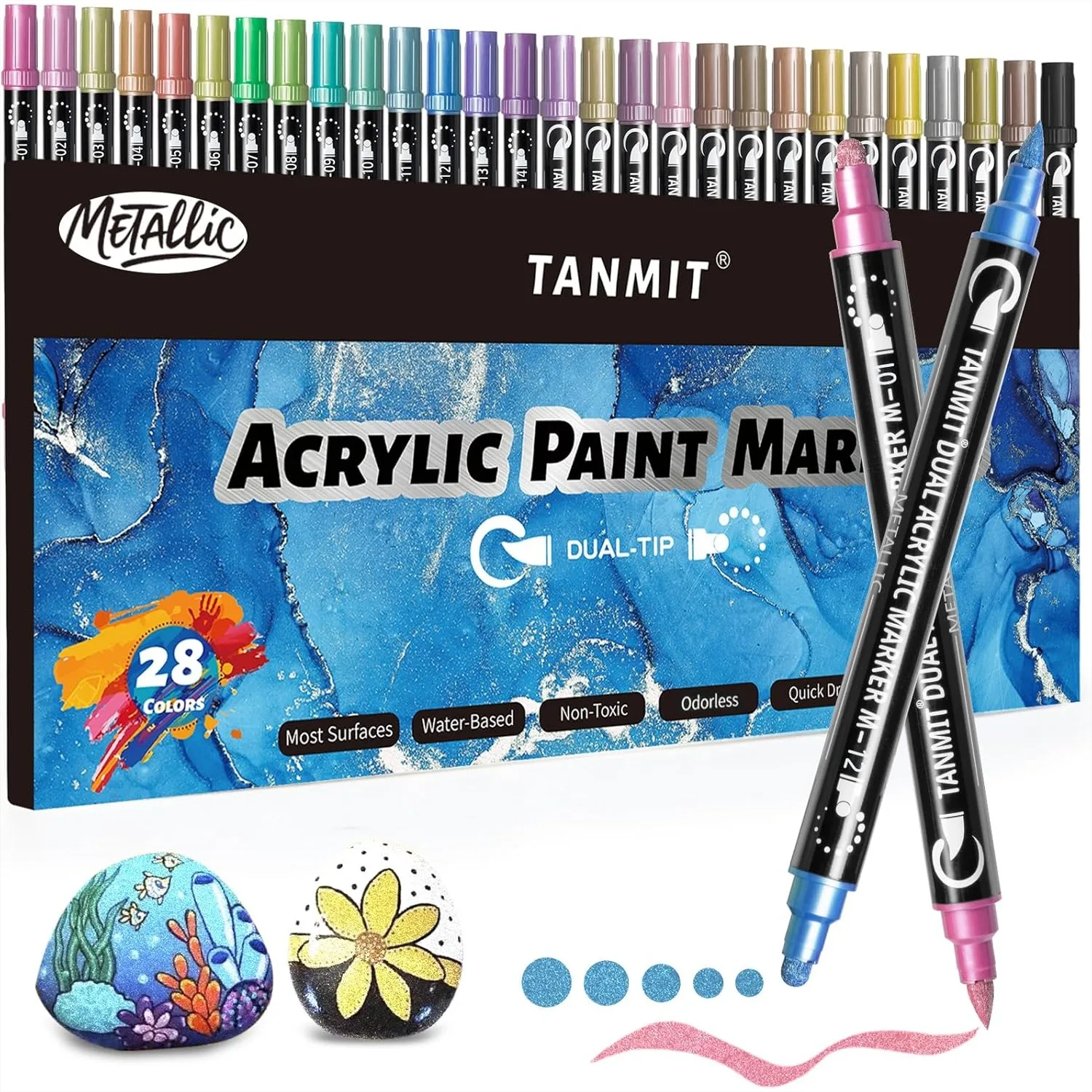 

28 Metallic Colors Acrylic Paint Markers, Dual Tip Acrylic Paint Pens For Rock Painting, Canvas, Wood, Stone, Glass, Ceramic, DIY Crafts Art Supplies