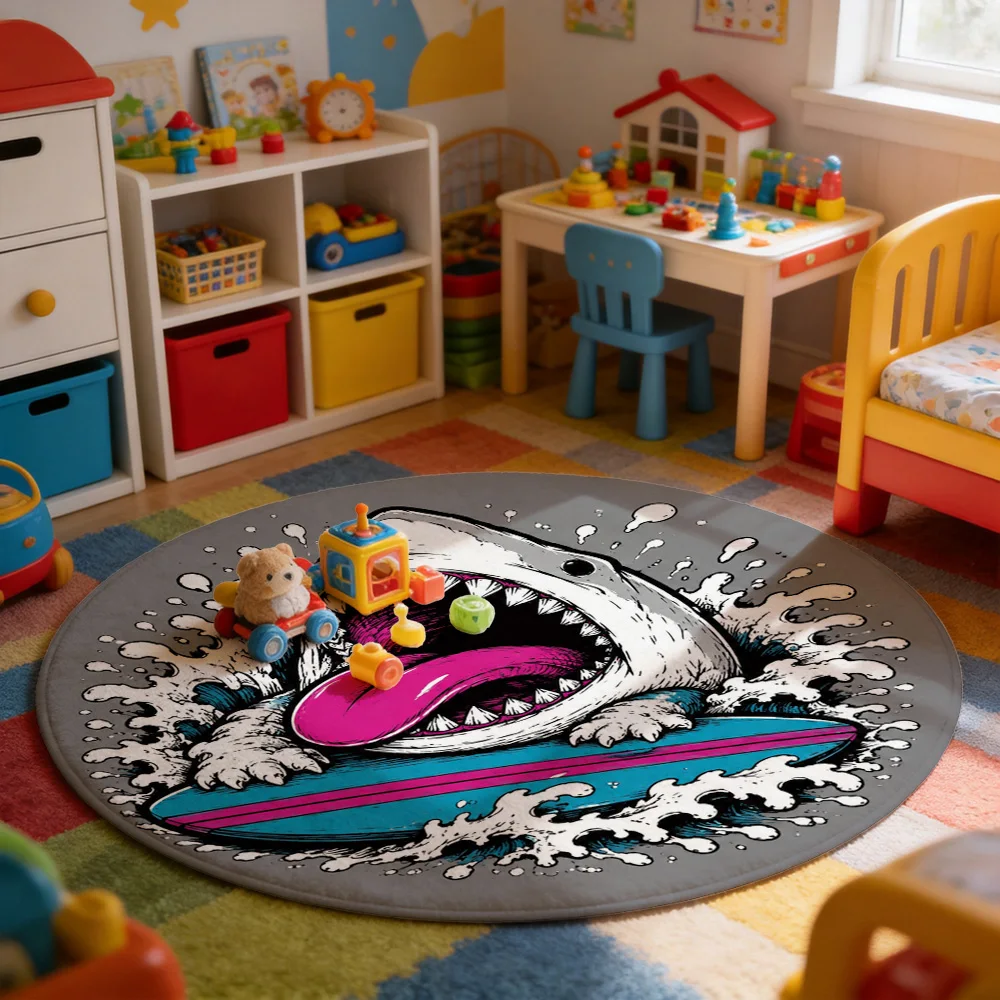 Cute Shark Mouth Beach Life Round Area Rug for Kids Nursery Playroom Ocean Theme Cartoon Mat