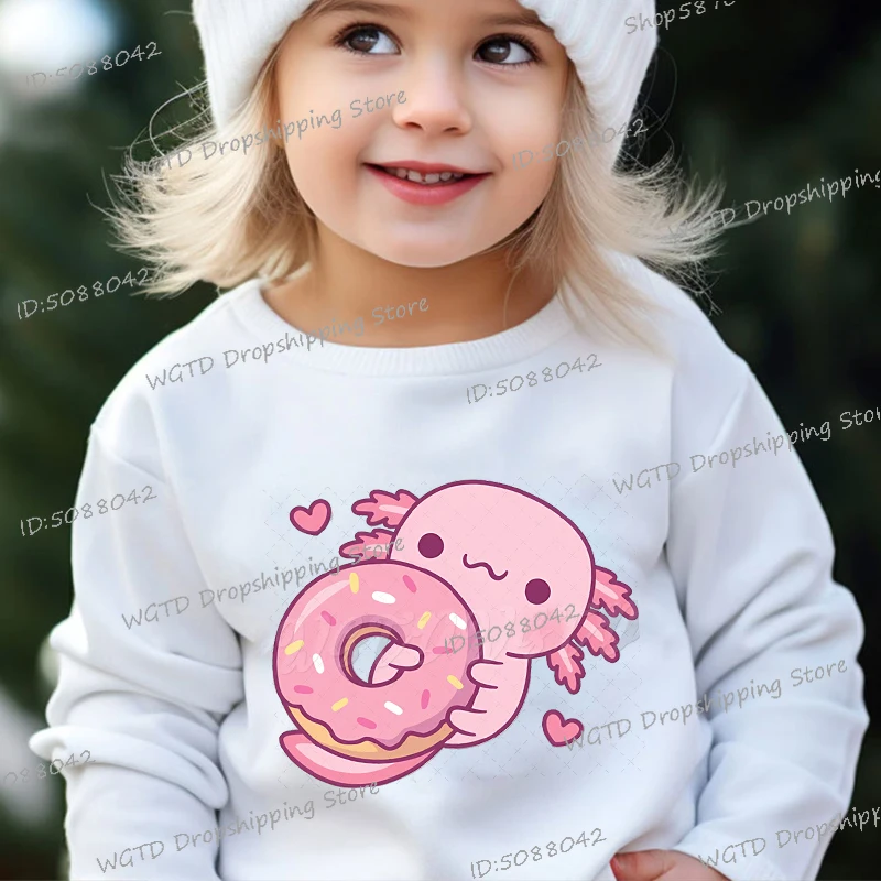 Y2K Kids Cute Axolotl Hugging Donut Sportswear 4-14 Years Old Pullover Spring Long Sleeve Cartoon Axolotl Boys Girls Sweatshirts