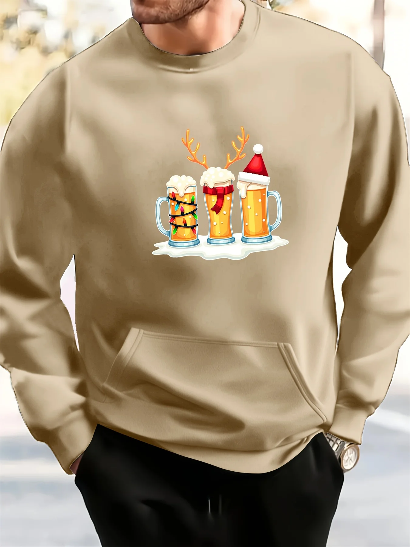 Men's Festive Christmas & New Year Graphic Sweatshirt - Casual Polyester Pullover with Pockets, Machine Washable - Perfect Christmas Gift for Men